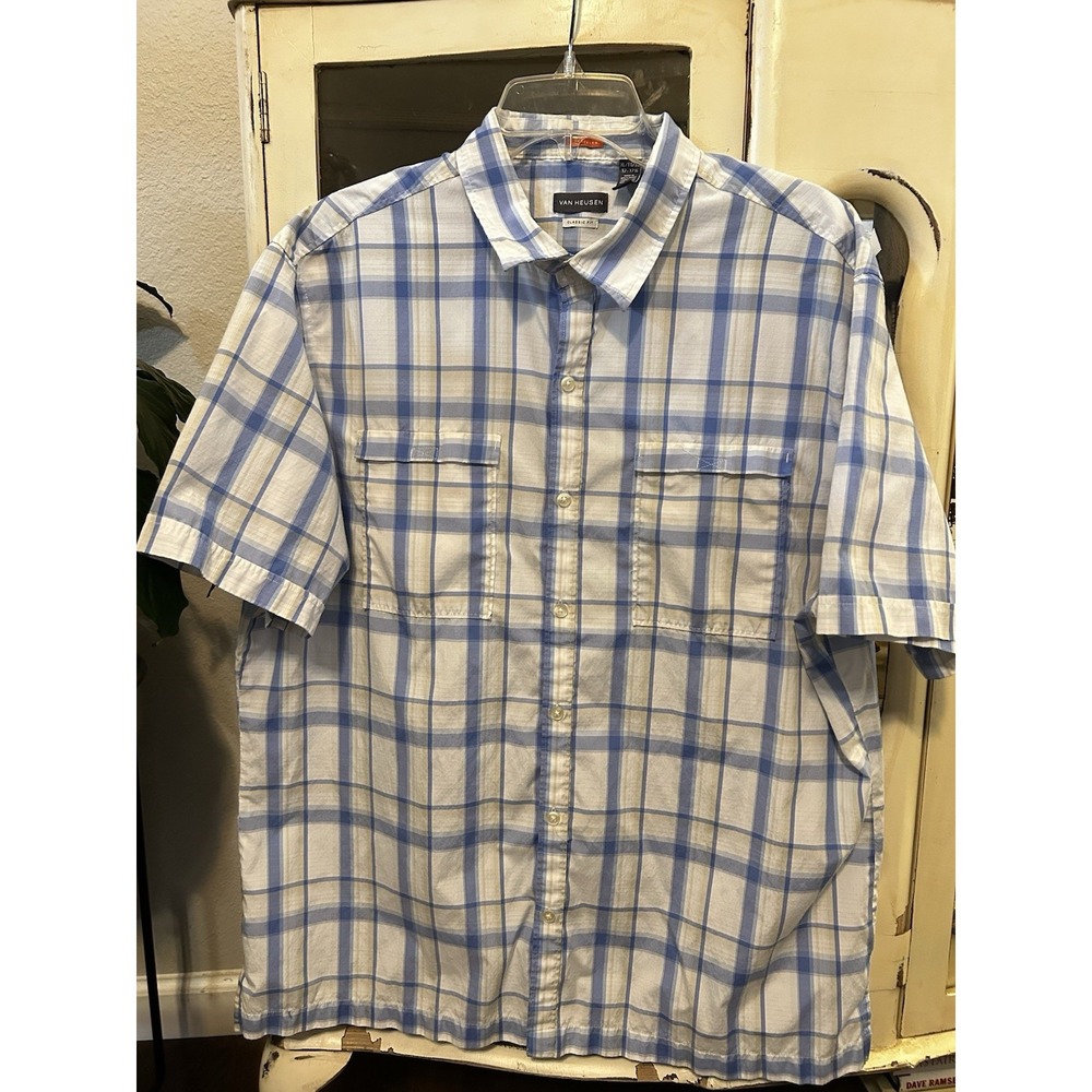 Van Heusen Classic Fit Traveler Men's Short Sleeve Plaid Button Down Shirt XL